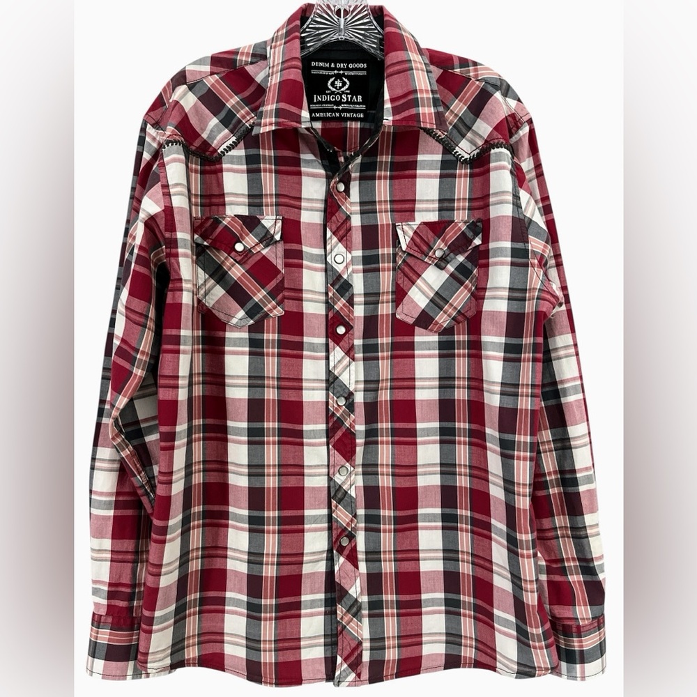 Indigo Star Men’s Red Plaid Western Cotton Pearl Snap Shirt | L
